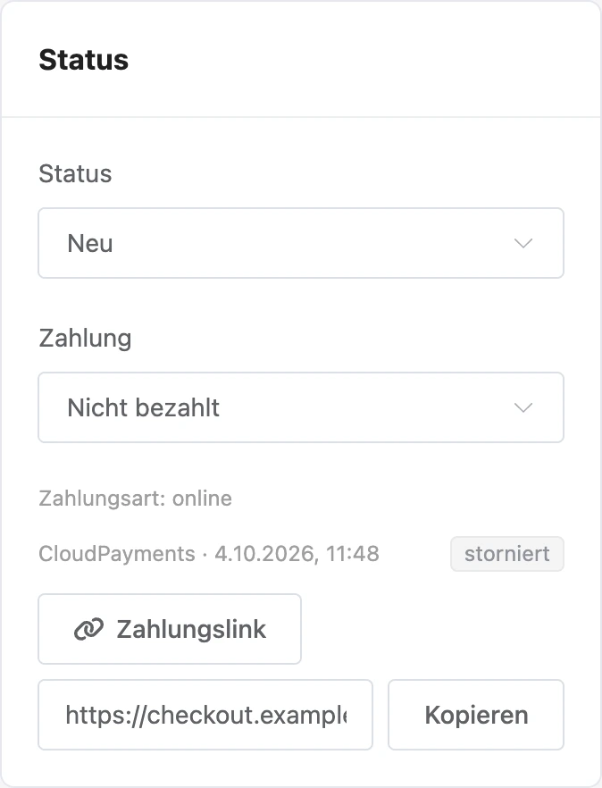 Zahlungslink und Zahlungsversuch in der Bestellkarte