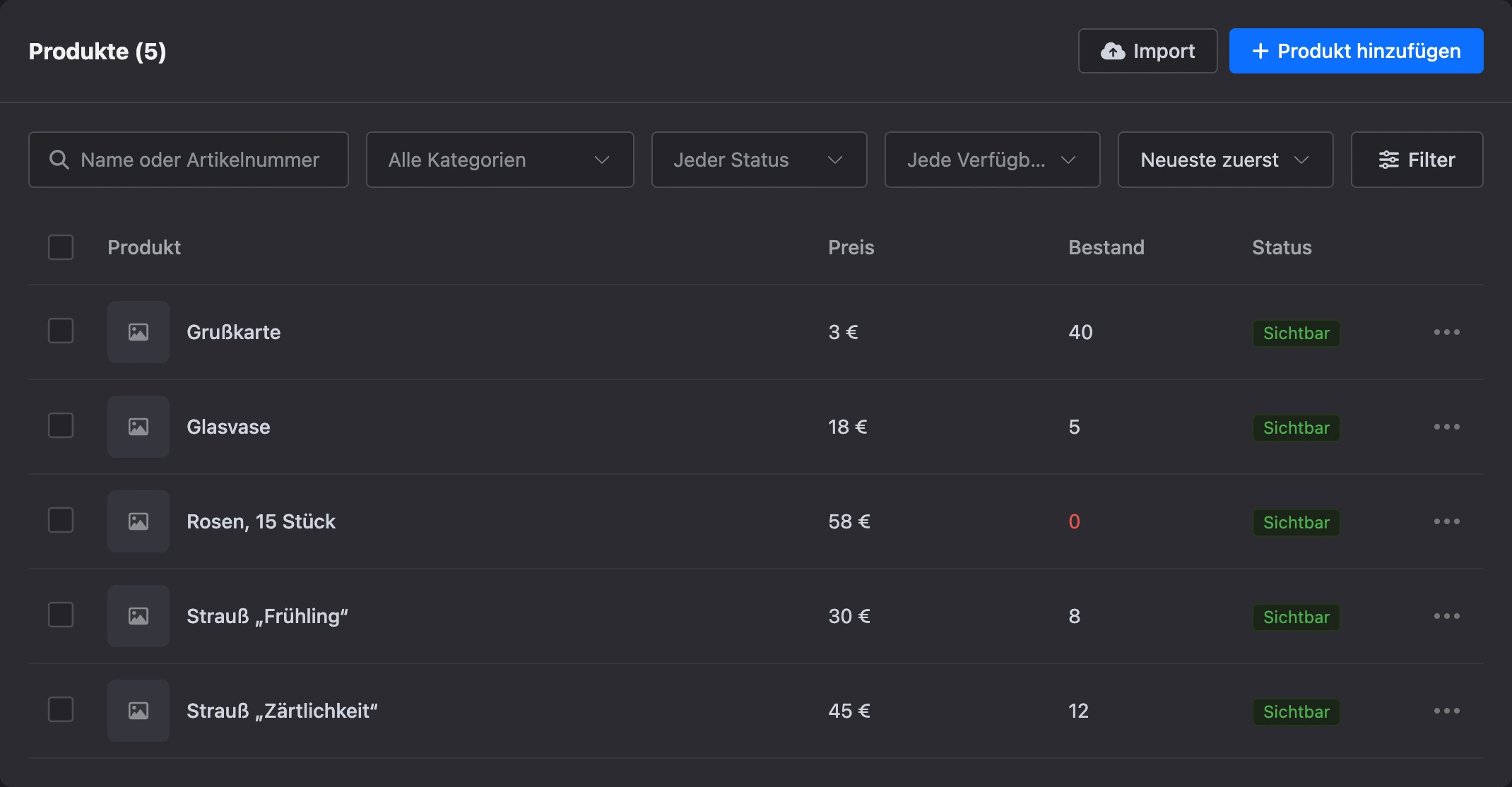 Produktliste des Shops: Preis, Bestand und Status