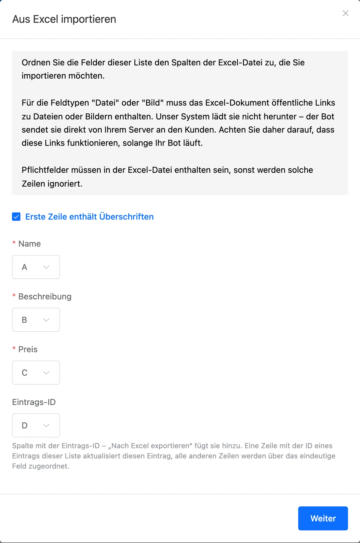 Das Fenster „Aus Excel importieren“, erster Schritt: Dateispalten für die Listenfelder und die ID-Spalte
