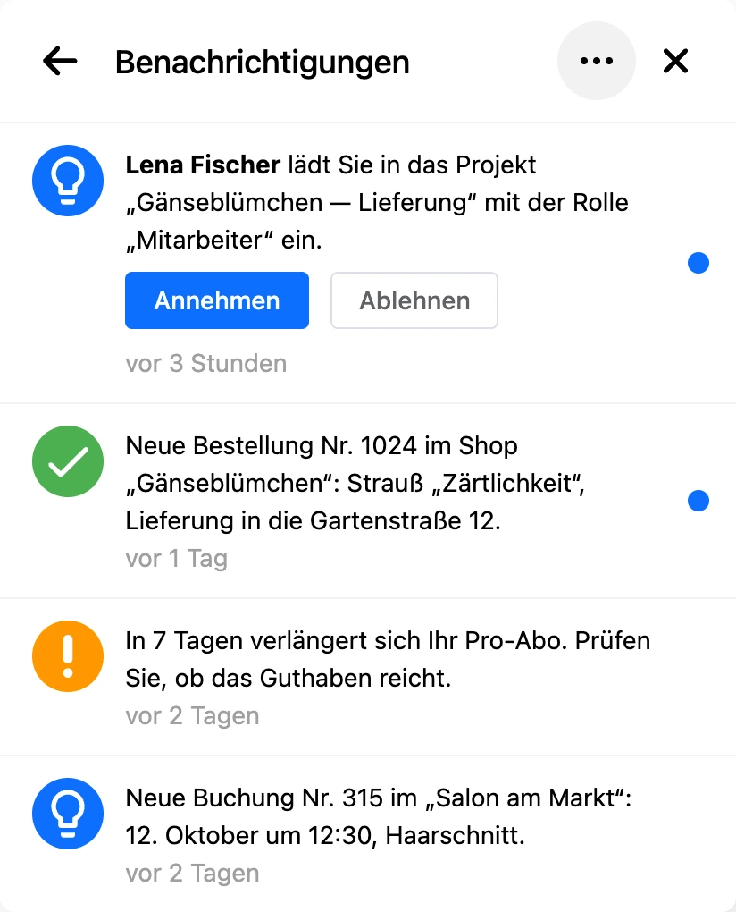 Benachrichtigungsliste im Kontomenü