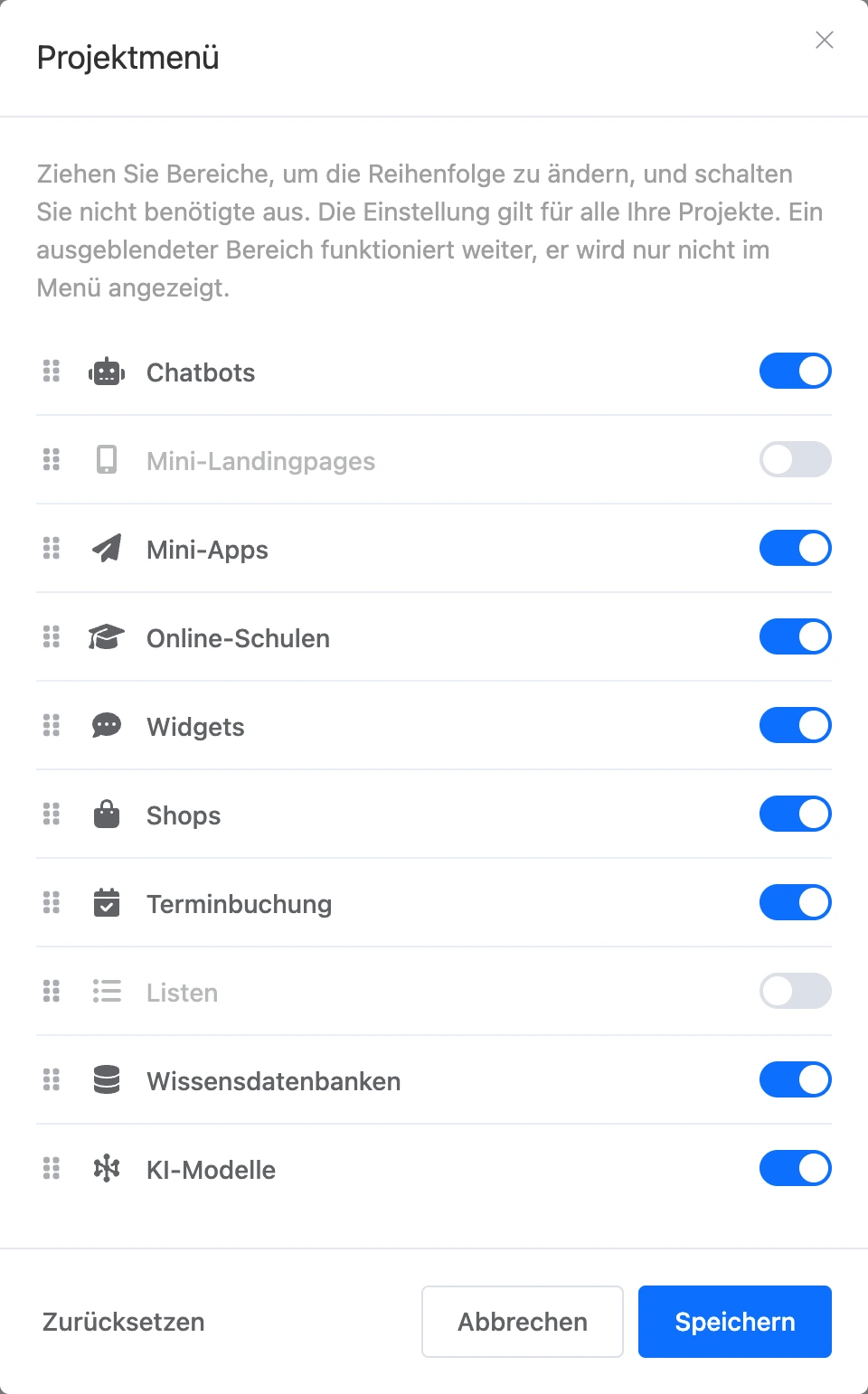 Fenster „Projektmenü“