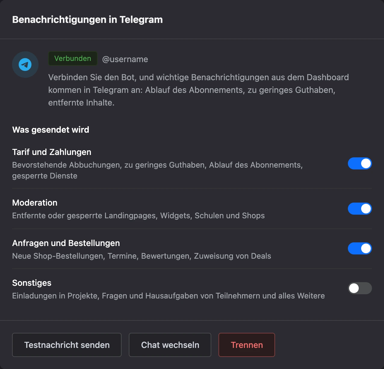 Karte „Benachrichtigungen in Telegram“