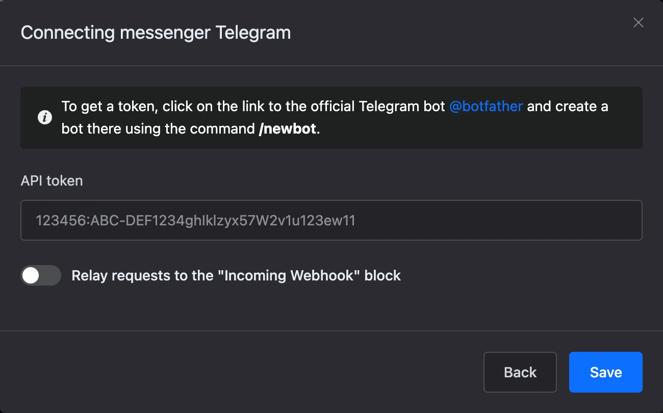 Telegram connection window with the token field