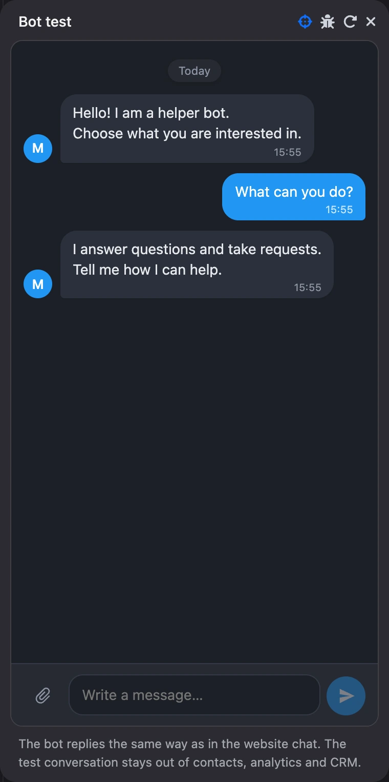 The "Bot test" window: greeting, pressed button and reply