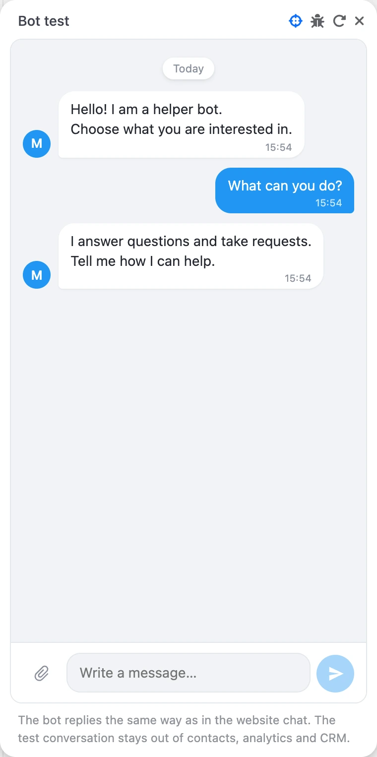 The "Bot test" window: greeting, pressed button and reply