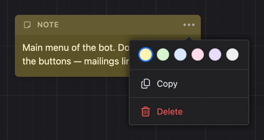 A note with the "⋯" menu open: colors, "Copy" and "Delete"