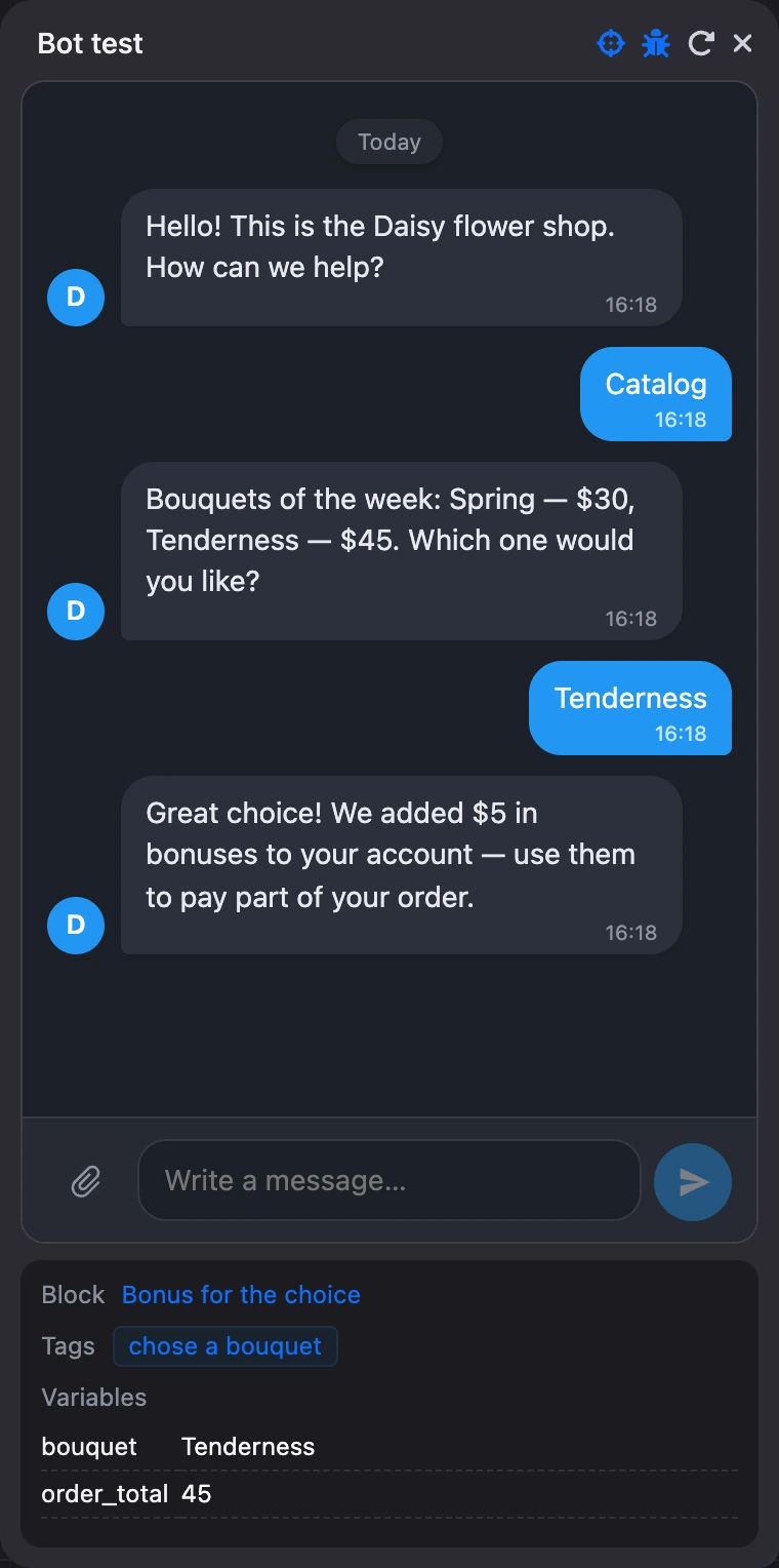 The "Variables and tags" panel under the chat: the current block, tags and variables