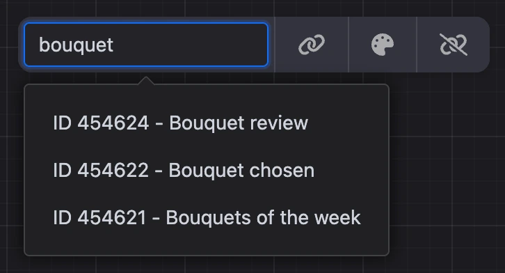 Block search: the query "bouquet" and the list of matching blocks with IDs
