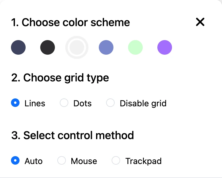 The "Map color and grid" window: color scheme, grid type and control method