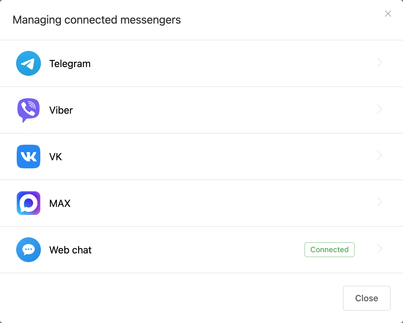 List of the bot's channels: a connected channel has the "Connected" mark