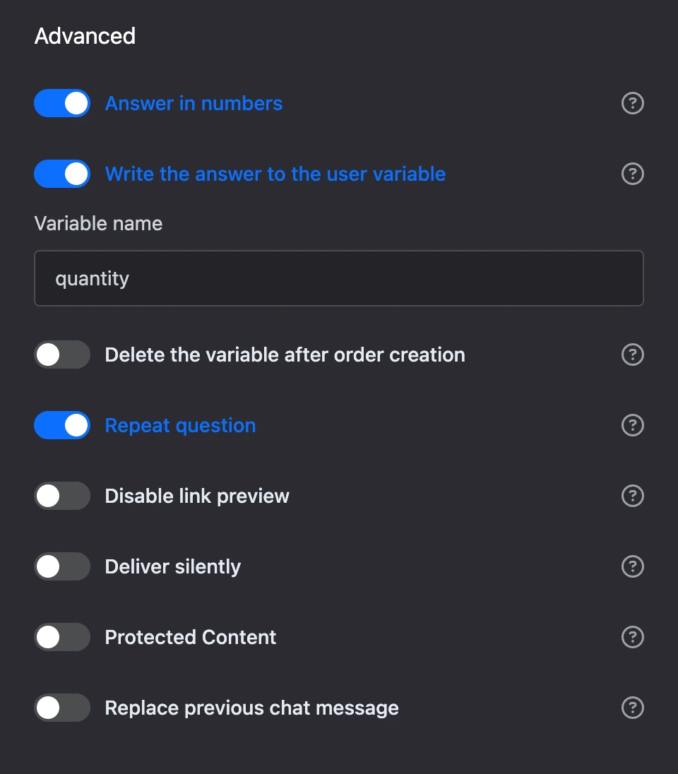 The "Advanced" section: answer with numbers, saving the answer to a variable, repeat question and other switches
