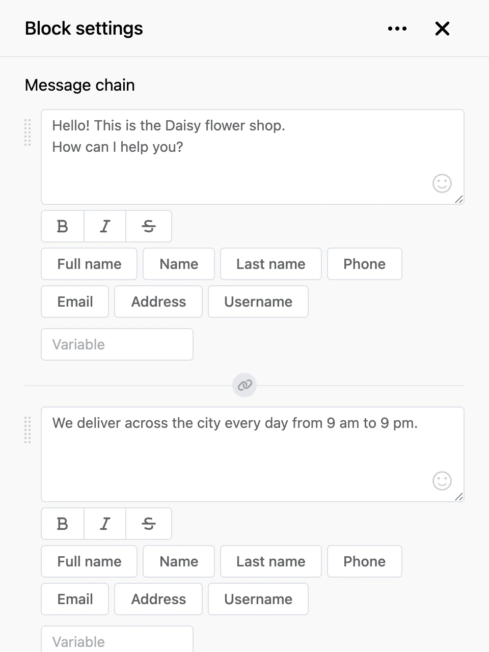 Settings panel of the "Message chain" block