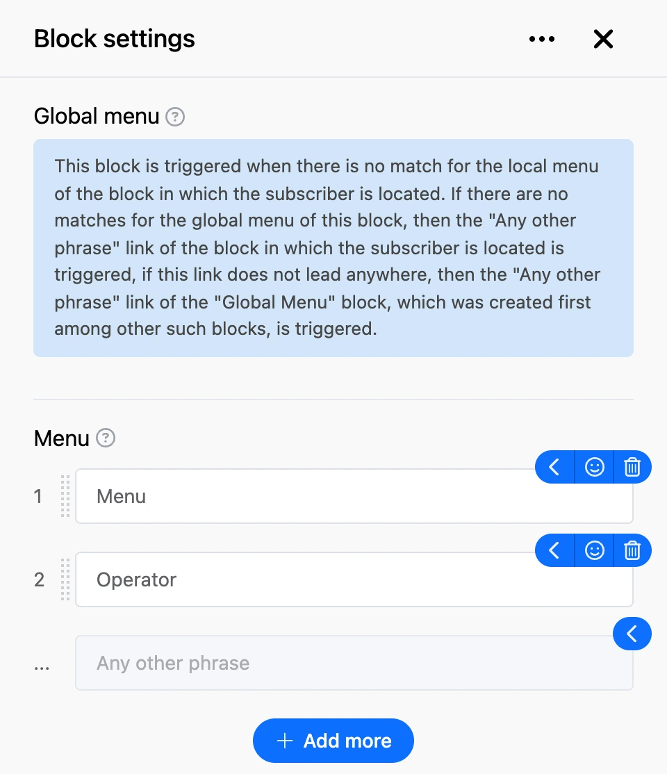 Settings panel of the "Global menu" block