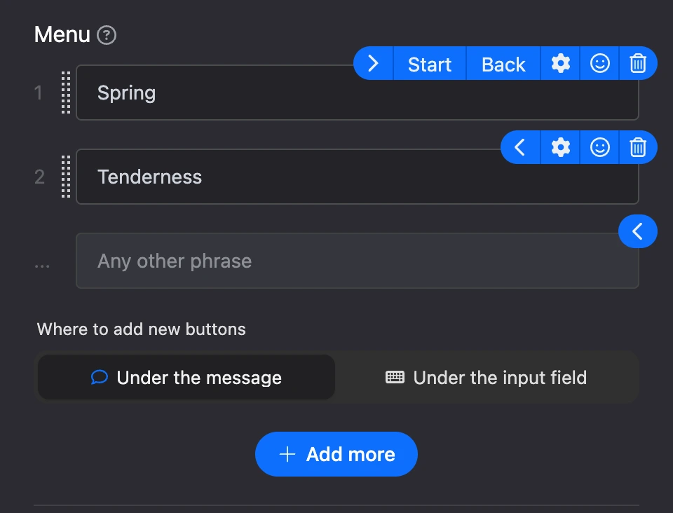 The "Menu" section: numbered buttons, icons in the button row, "Any other phrase" and where new buttons go