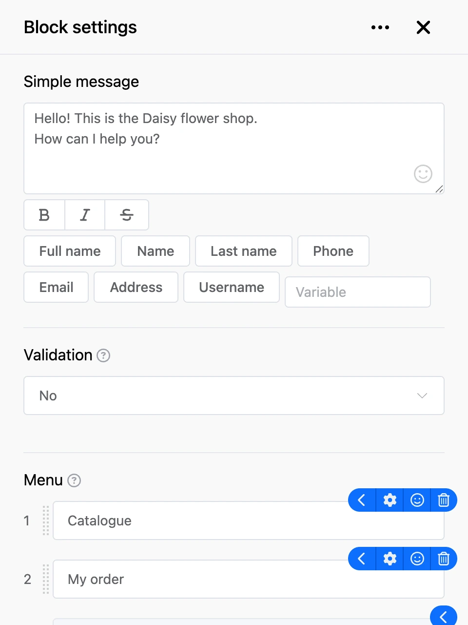 Settings panel of the "Simple message" block