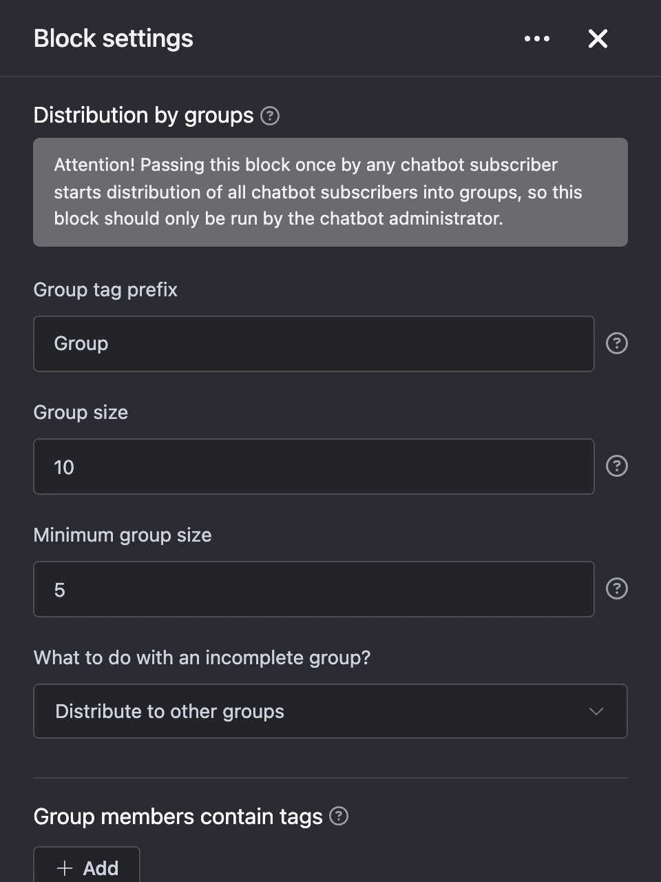 Settings panel of the "Distribution by groups" block
