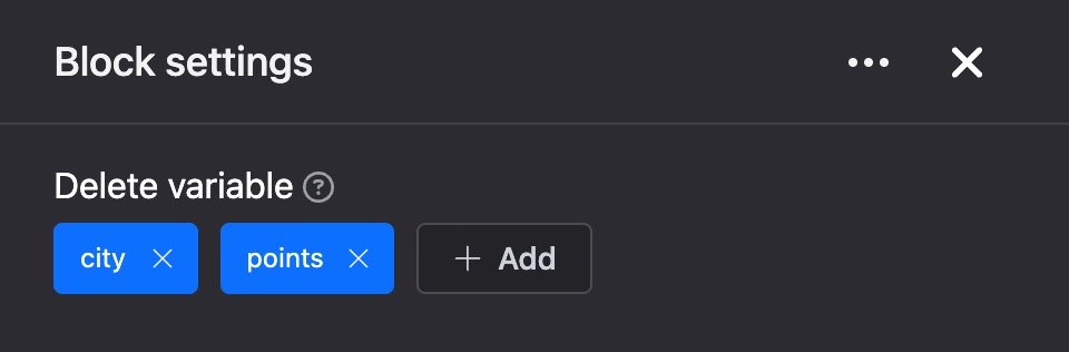 Settings panel of the "Delete variable" block