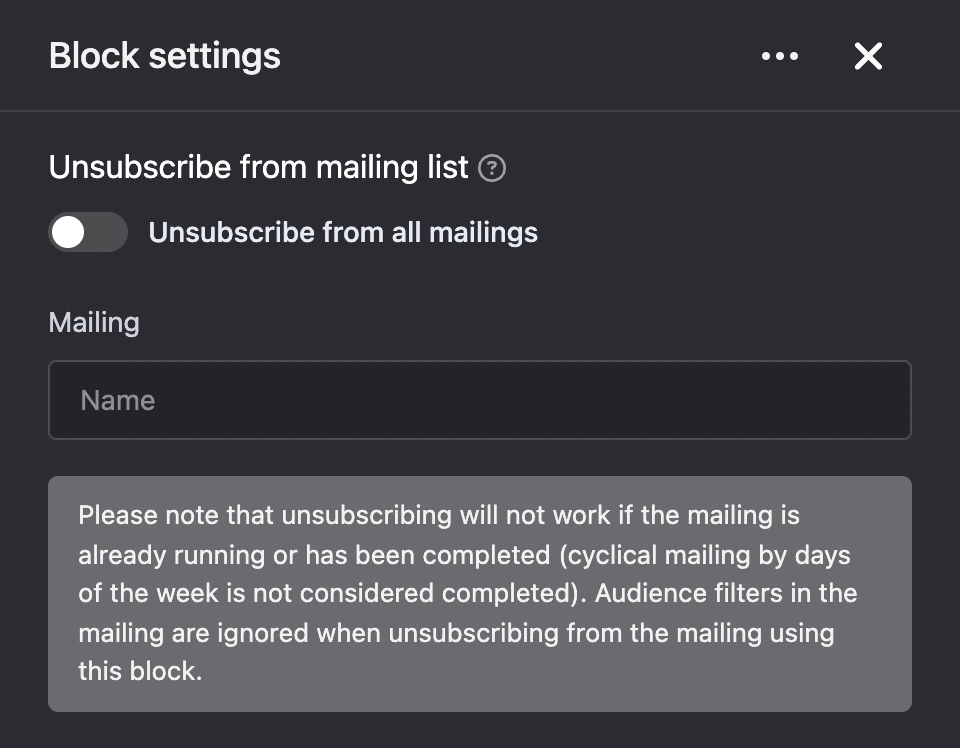 Settings panel of the "Unsubscribe from mailing list" block