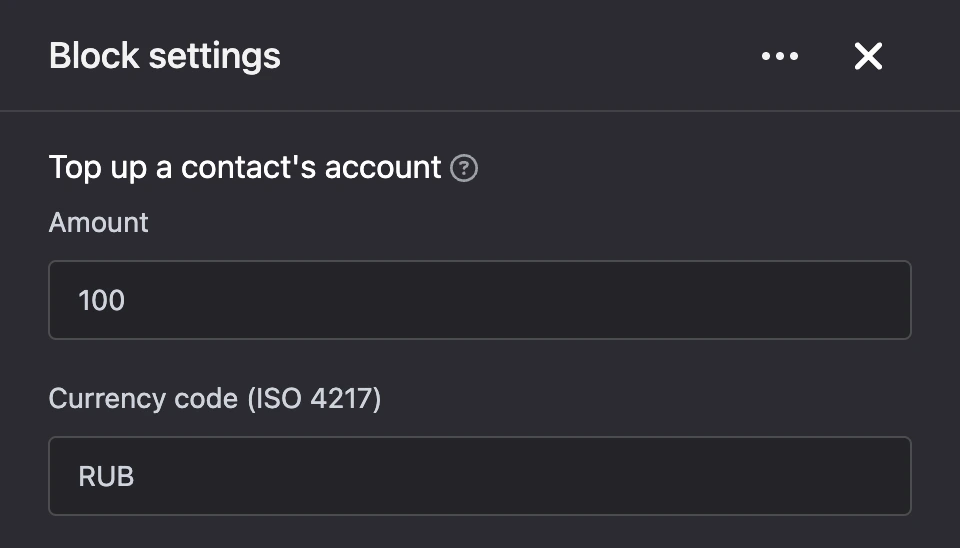 Settings panel of the "Top up a contact's account" block