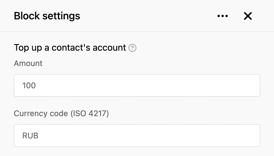 Settings panel of the "Top up a contact's account" block
