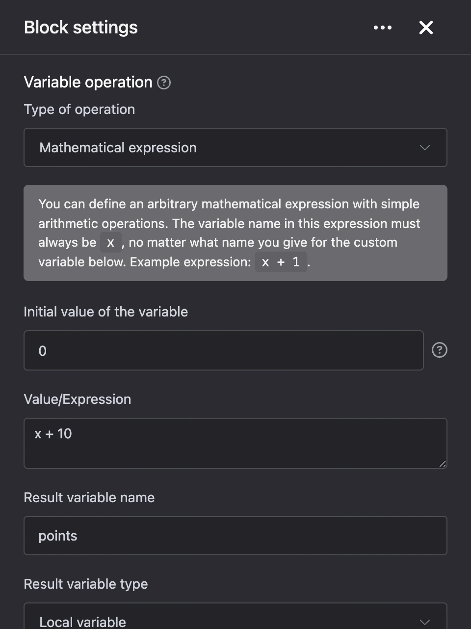 Settings panel of the "Variable operation" block