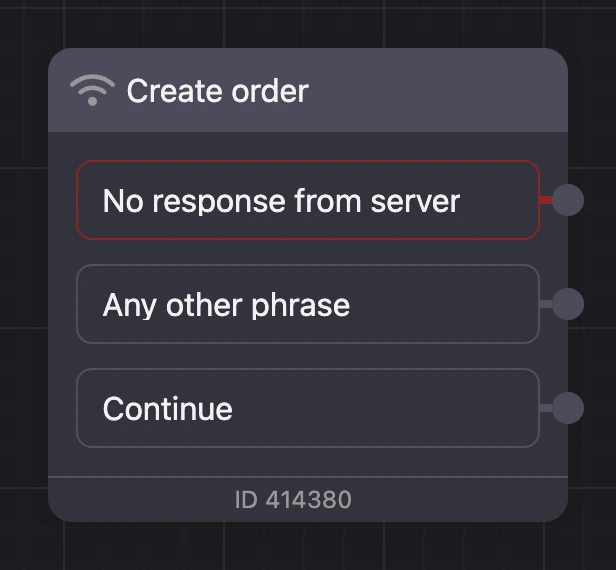 The "HTTP request" block on the scheme: "No response from server", "Any other phrase" and "Continue" outputs