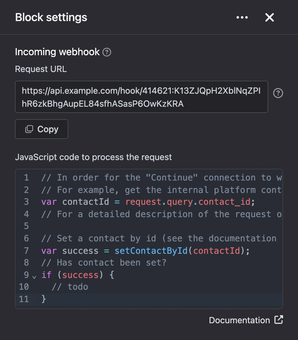 Settings panel of the "Incoming webhook" block