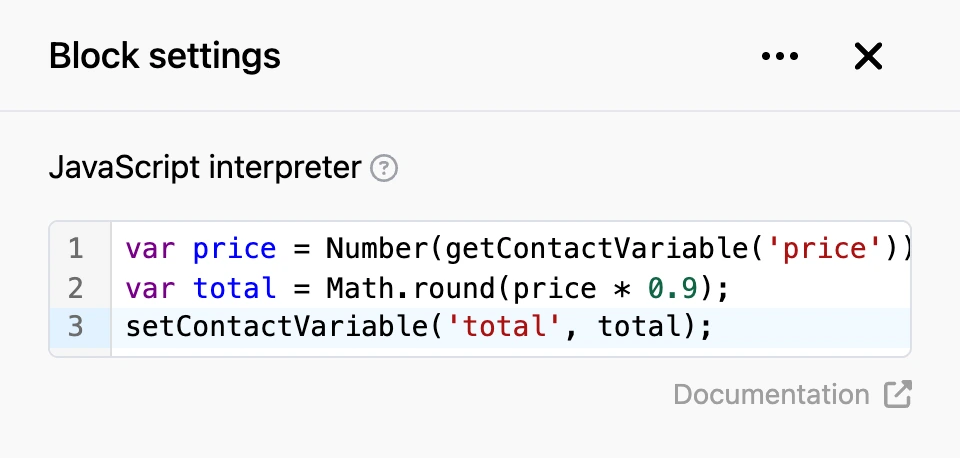 Settings panel of the "JavaScript interpreter" block