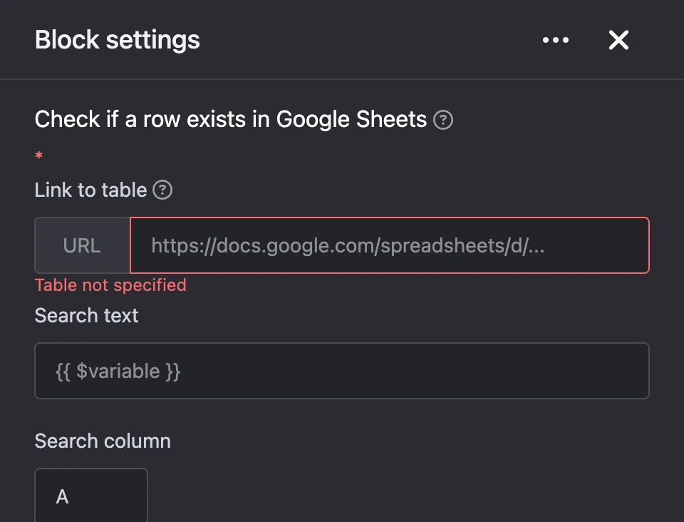Settings panel of the "Check if a row exists in Google Sheets" block