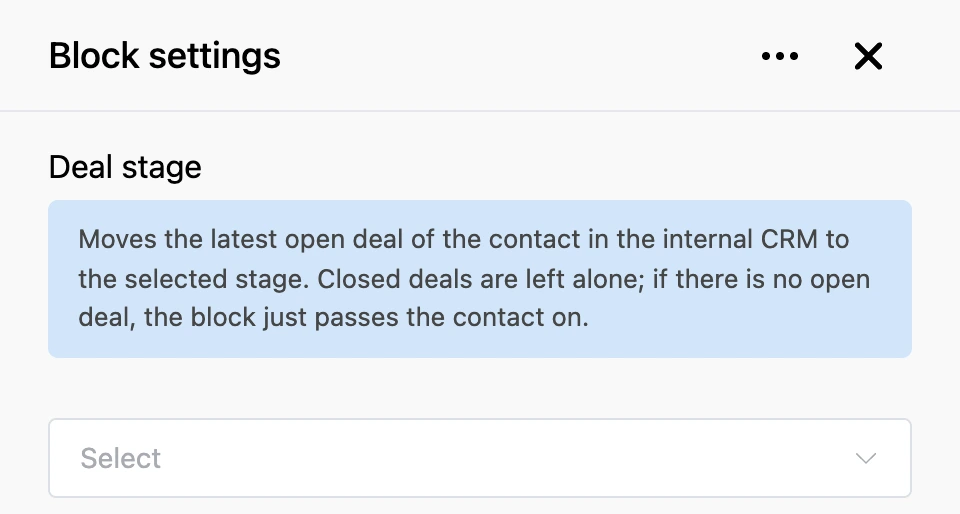 Settings panel of the "Deal stage" block
