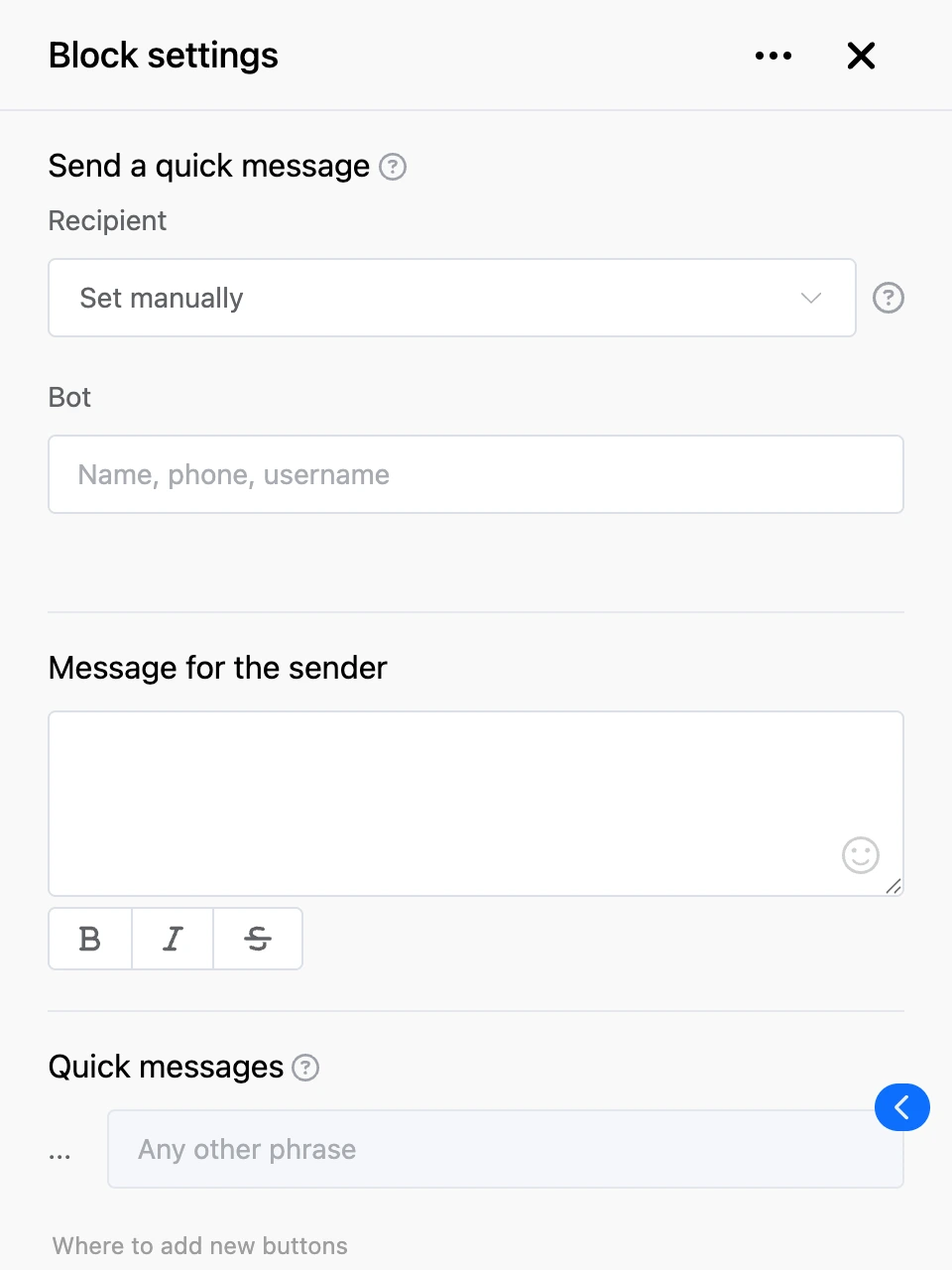 Settings panel of the "Send a quick message" block