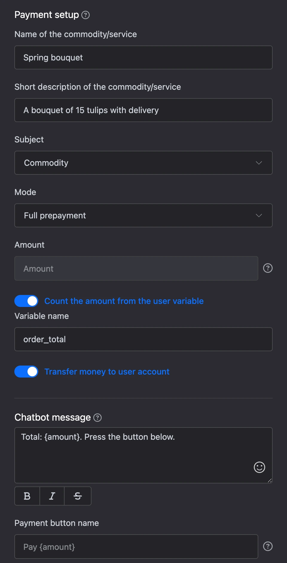 Payment block settings: purpose and description, amount from a variable, crediting the contact account, message and button
