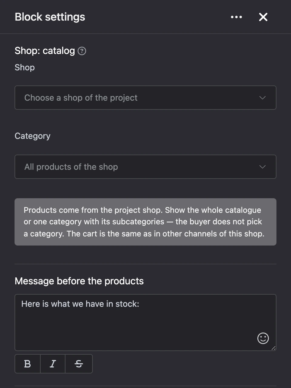 Settings panel of the "Shop: catalog" block