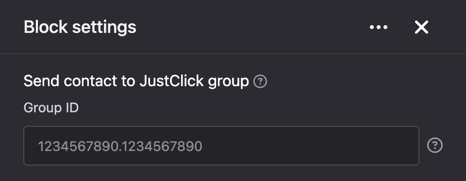 Settings panel of the "Send contact to JustClick group" block