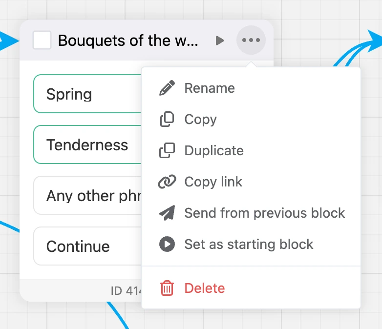 The "⋯" menu in the block header: rename, copy, duplicate, link, send from previous block, start block, delete
