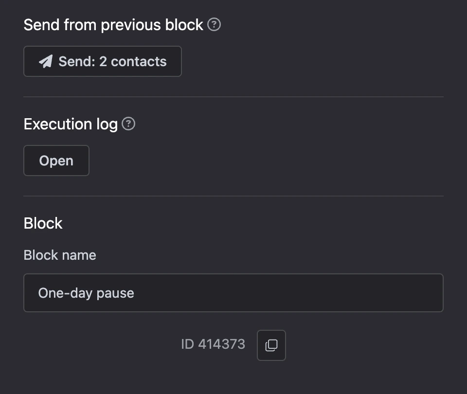 Common sections at the bottom of the panel: "Send from previous block", "Execution log" and "Block"
