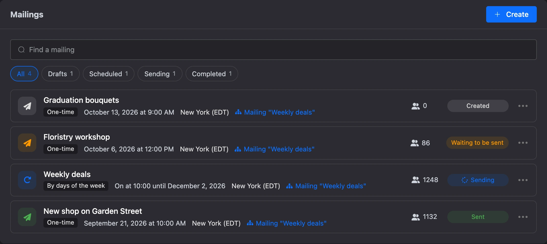 List of the bot's mailings: a one-time one, one by days of the week and a completed one