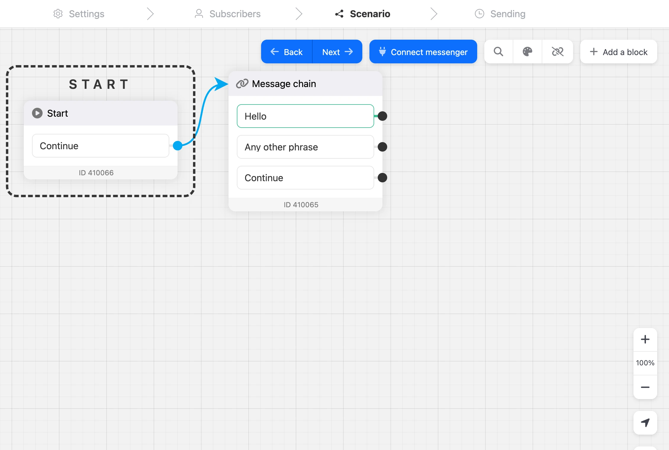 A mailing scenario in the builder — the "Scenario" step when creating a mailing