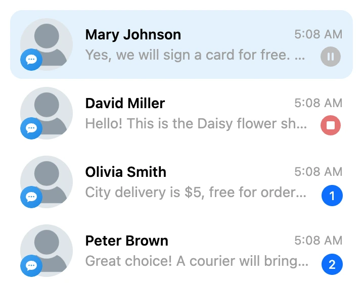 The dialogue list: a pause icon for one contact, a red stop icon for another