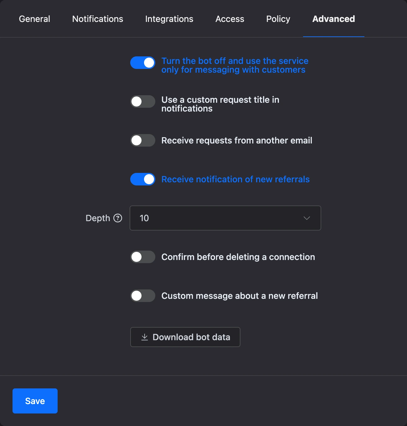 The "Advanced" tab of the bot settings: messaging-only mode is on