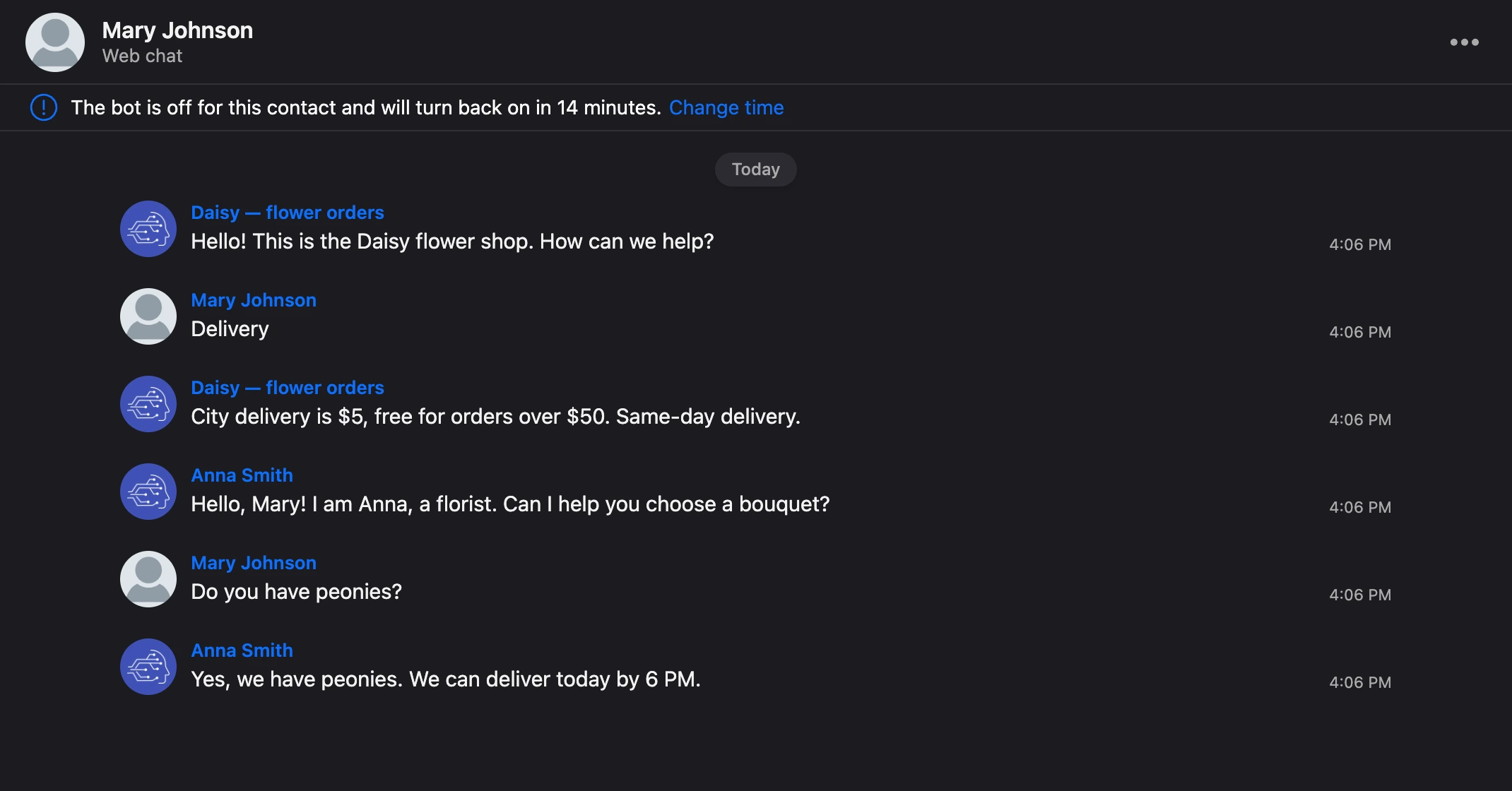 Pause notice above the conversation: the bot is off for the contact, with a link to change the time