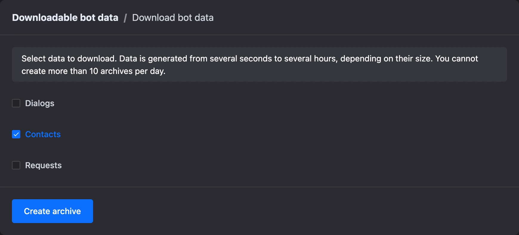The "Download bot data" page with "Contacts" selected