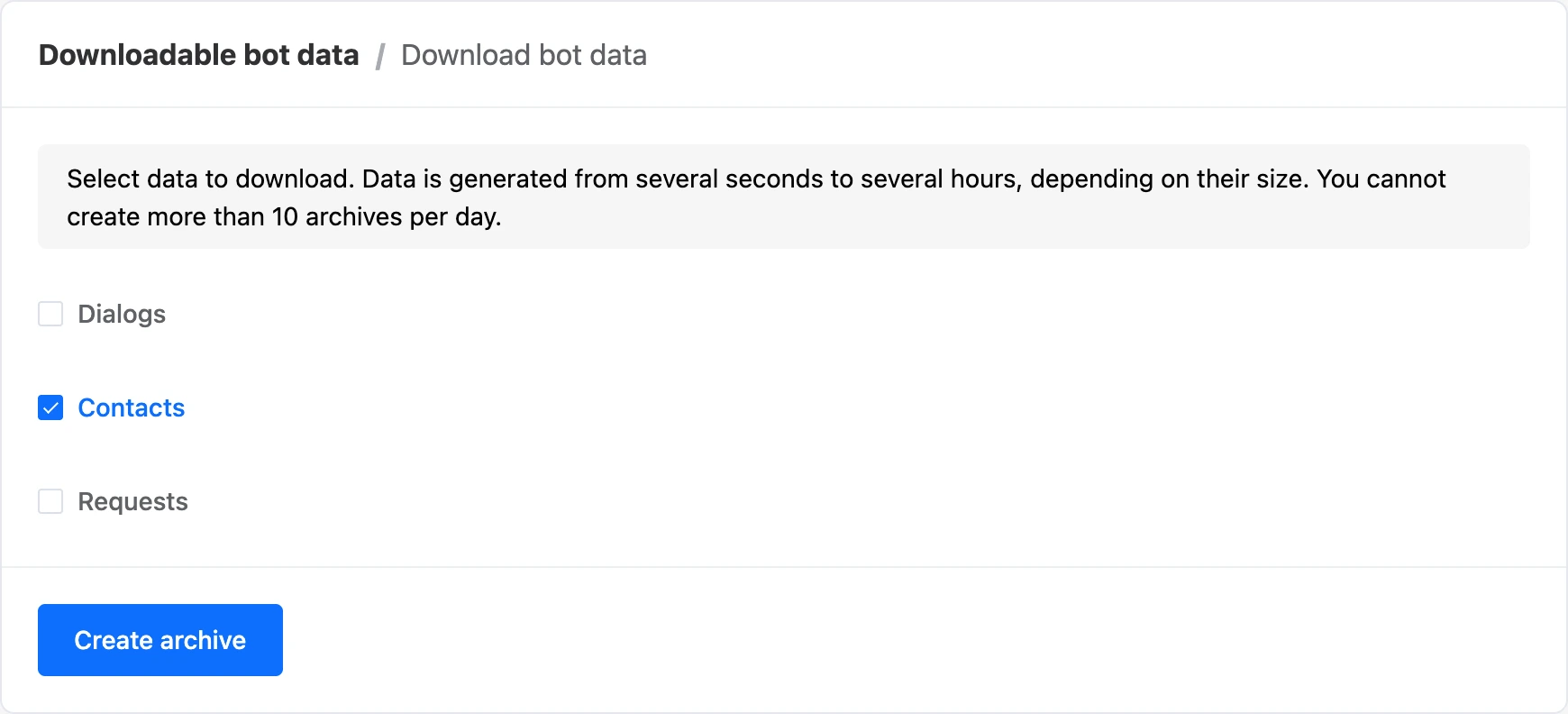 The "Download bot data" page with "Contacts" selected