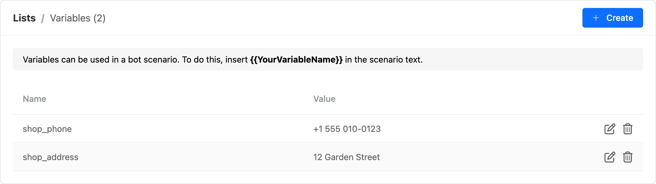 Global variables page of the bot