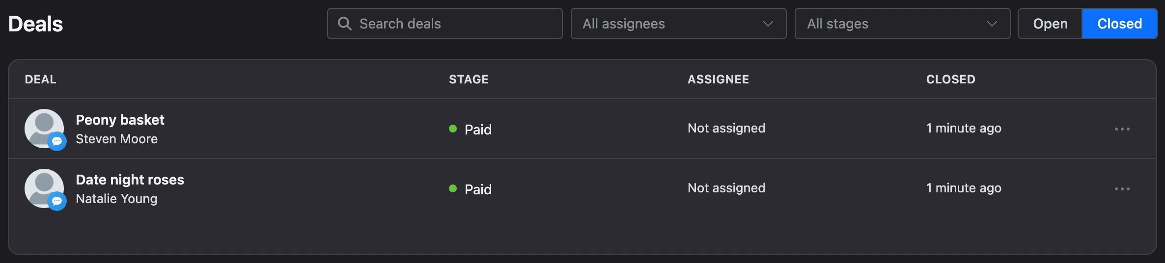 Closed deals with the Closed column
