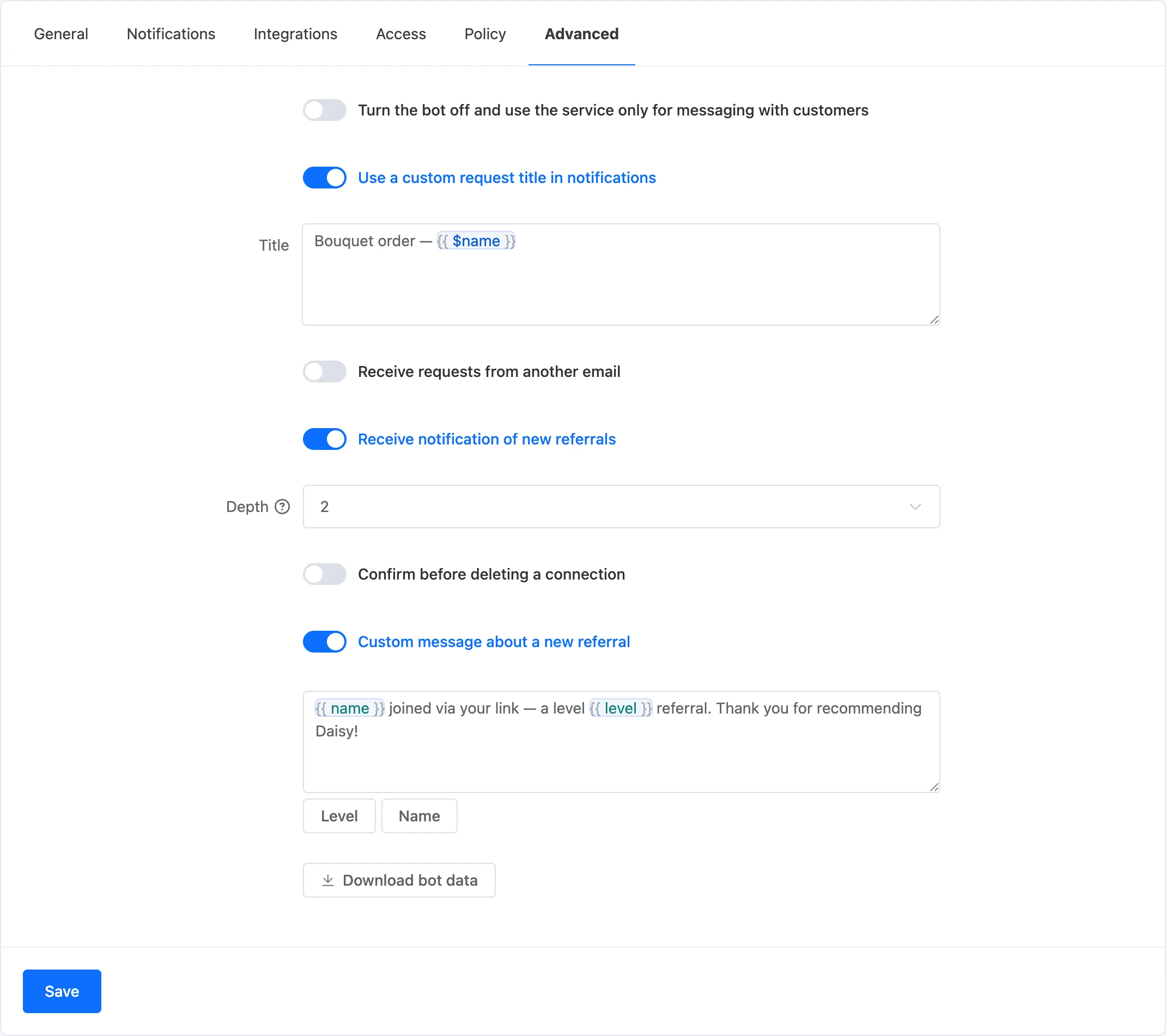 The "Advanced" tab with a custom request title and referral message