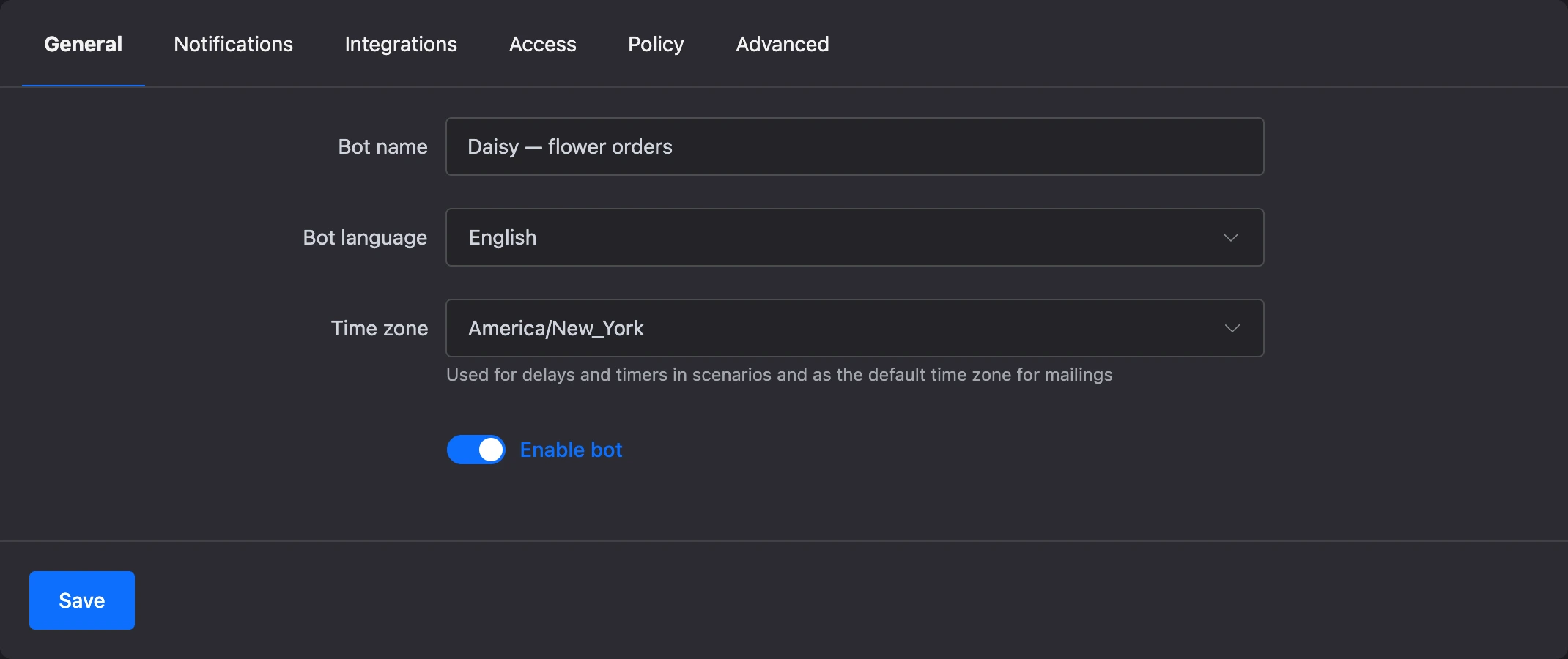 Main tab of the bot settings