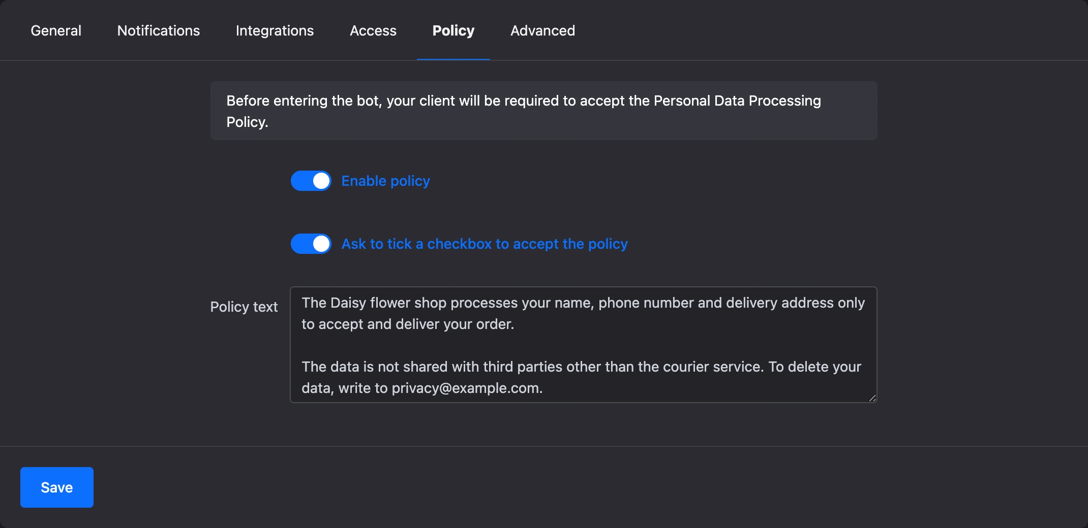 The "Policy" tab with the policy, the checkbox and the text turned on