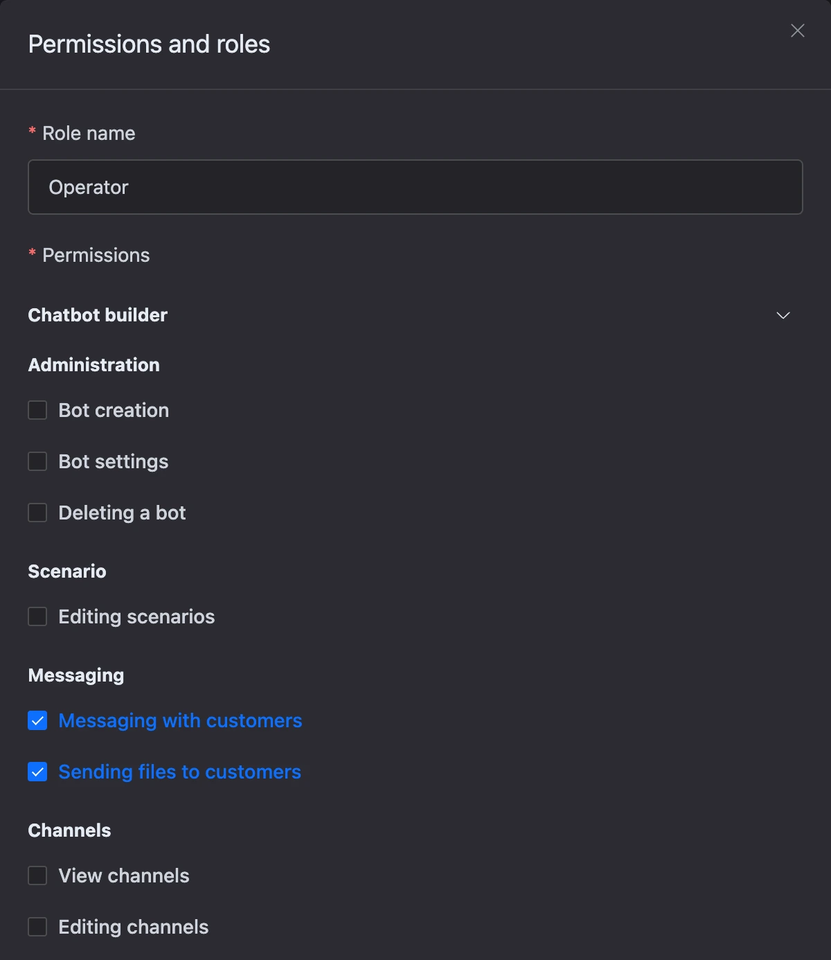 The new role window with the messaging permissions ticked