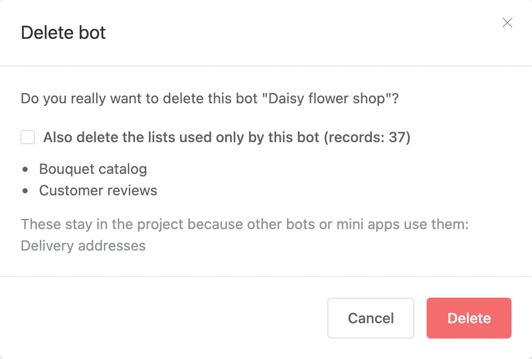 Confirmation of deleting a bot